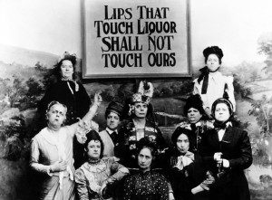 Lips That Touch Liquor Shall Not Touch Ours, satirical photograph of teetotaller women, still from c. 1890s movie filmed in Edison's Black Maria studio